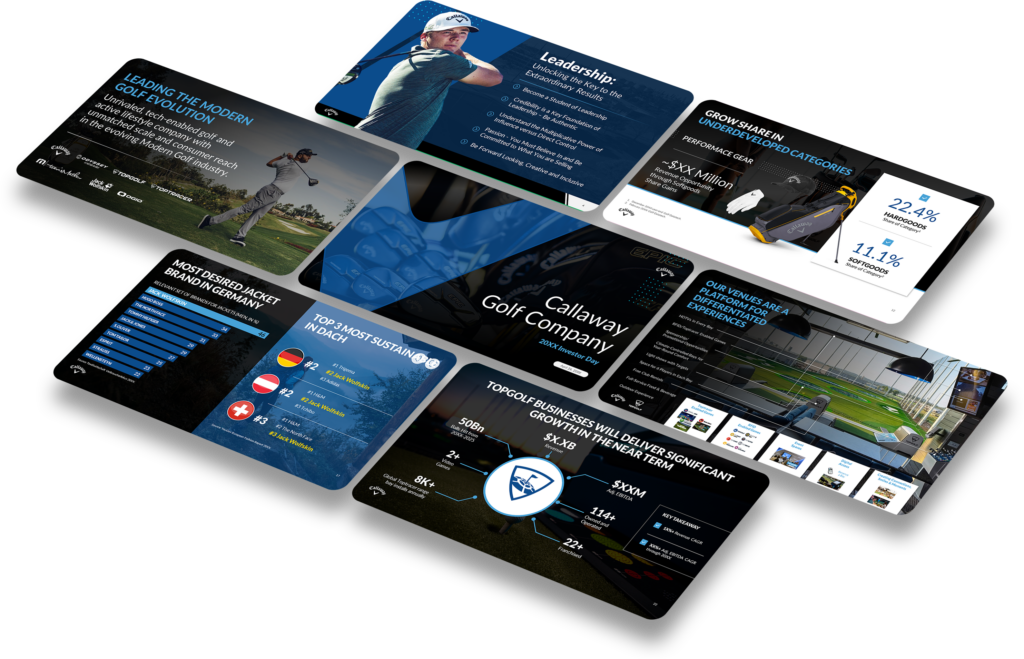 A dynamic layout showcases the Callaway Golf Company's achievements. Featured on the pitch deck are golfers, statistical graphs, and bullet points highlighting leadership, sustainability, market growth, and business development. Bright visuals and informative text dominate the slides.