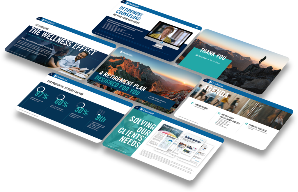 A series of presentation slides showcasing a financial and health wellness program. Topics include retirement counseling, wellness impact, solving client needs, and a thank you note. Visuals feature serene landscapes, office environments, and professional graphics in an engaging pitch deck format.
