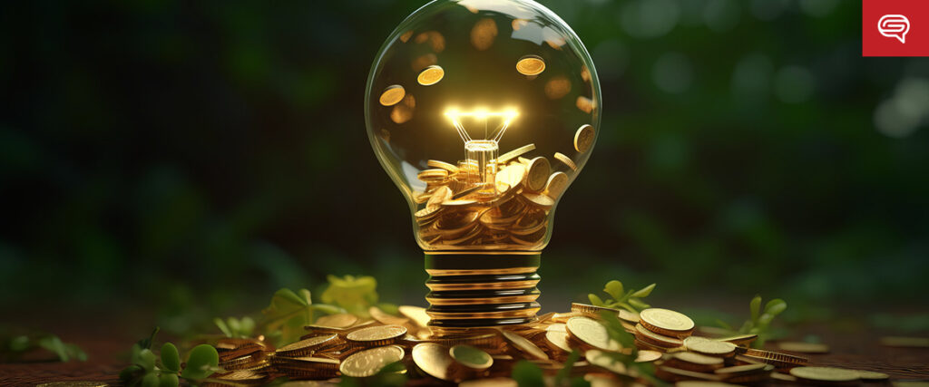 A glowing light bulb filled with gold coins symbolizes a bright idea or innovation leading to wealth. Scattered gold coins and clover leaves surround the light bulb, set against a blurred green background—an ideal slide template for your next PowerPoint presentation.