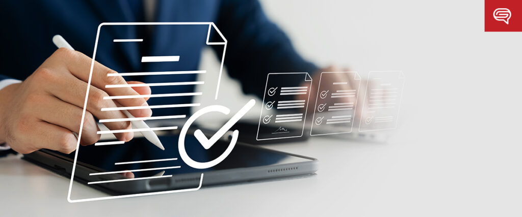 A person in a suit is using a stylus to interact with a tablet. Overlaid are white graphics of documents with checkmarks, symbolizing digital documents and task completion. The background is blurred, focusing on the person's hand and the tablet, as if they're preparing a pitch deck.