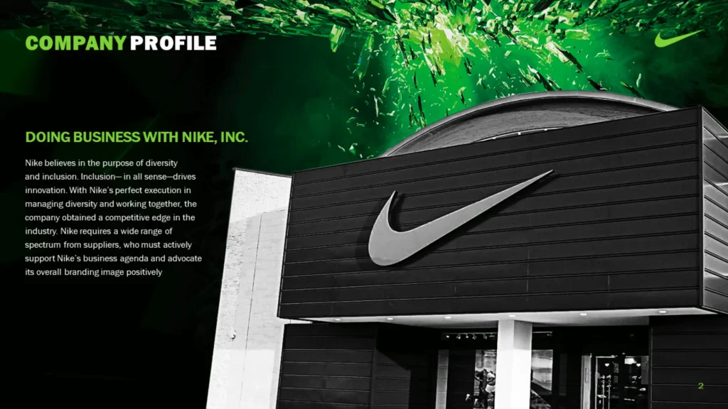 Nike Company Profile Slide - Diversity, Inclusion & Supplier Relationships | Vibrant Green Background Slide 2