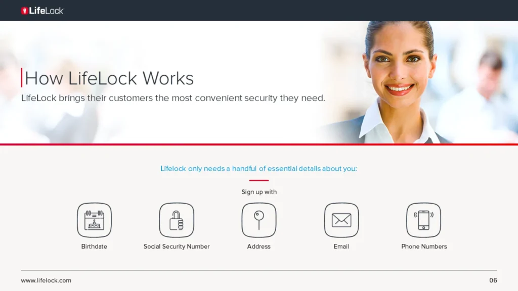 LifeLock How It Works PowerPoint Slide with Sign-Up Information and Smiling Woman Slide 6