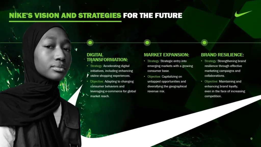 Nike Vision and Strategies - Confident Woman, Digital Transformation, Market Expansion Slide 9