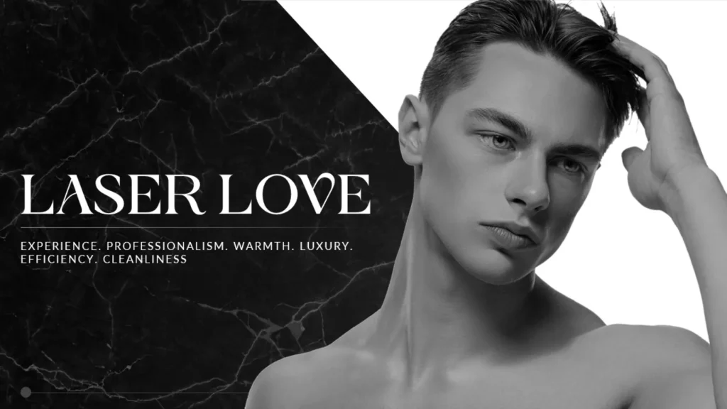 Professional Shirtless Young Man Black Marble Background - Laser Love Portfolio Image for Presentations and Pitch Decks Title Slide