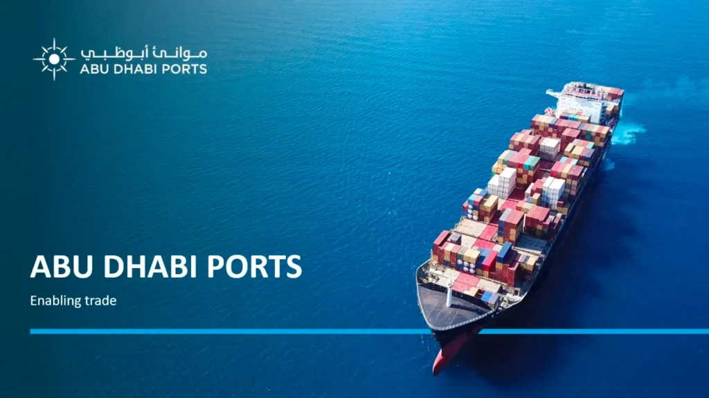 Abu Dhabi Ports Cargo Ship Aerial View - Marine & Shipping Presentation Slide Title Slide
