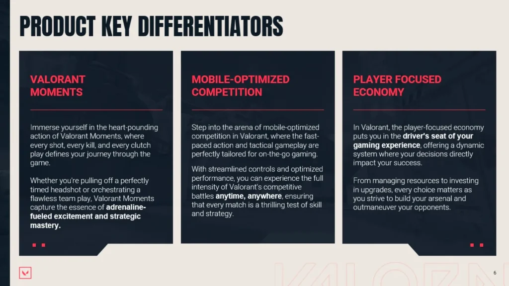 Riot Games Product Key Differentiators Slide - Immersive Moments, Mobile-Optimized Competition & Player Focused Economy Slide 6