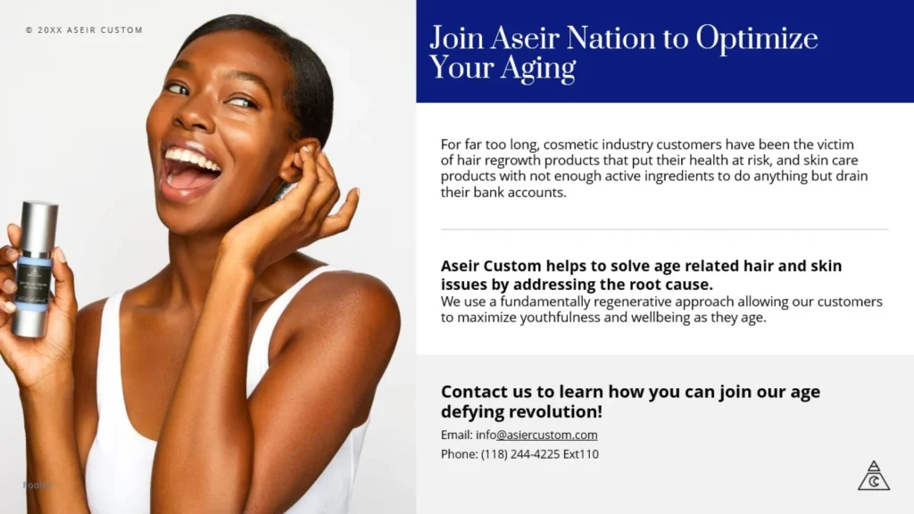 Joyful Woman Promoting Aseir Nation's Age-Optimizing Beauty Solutions Slide 9