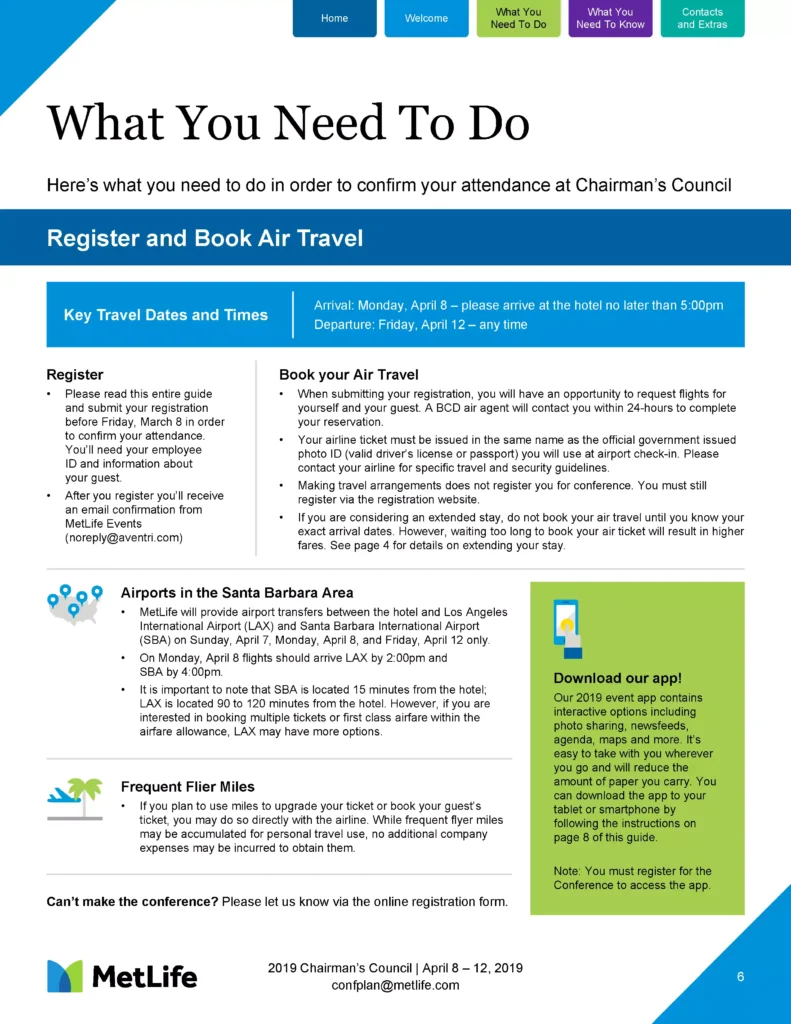 An informational flyer titled "What You Need To Do" features MetLife's graphic design and provides instructions on confirming attendance at Chairman's Council. It includes details on registering and booking air travel, key travel dates, suggested airports in the Santa Barbara area, and frequent flyer miles.
