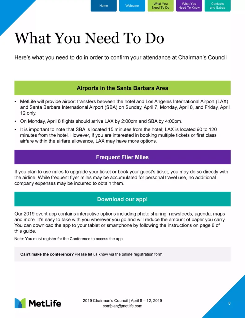 A flyer from MetLife provides instructions for confirming attendance at the Chairman’s Council. Featuring sleek MetLife graphic design, it includes information about Santa Barbara area airports, frequent flyer miles, and downloading a travel app. The flyer also proudly showcases the MetLife logo.