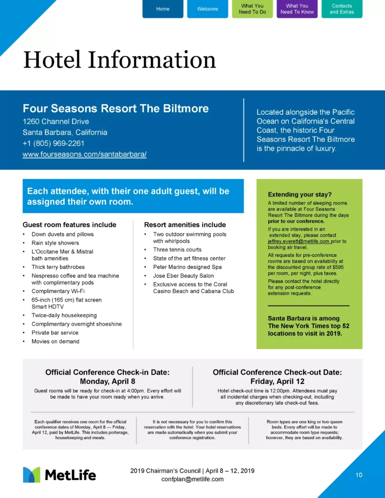 A hotel information page for Four Seasons Resort The Biltmore, located in Santa Barbara, California. It details guest room features, resort amenities, and daily events including a welcome reception designed with exquisite graphic design elements, a trivia competition, and a closing brunch.