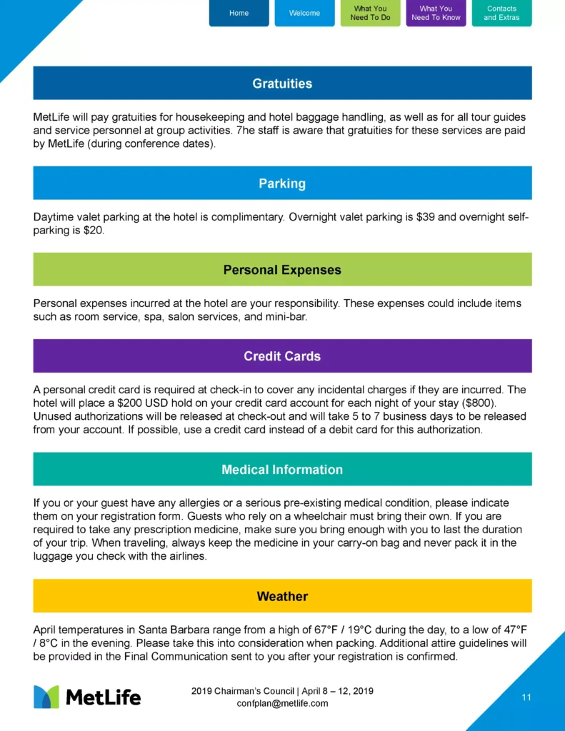 A two-column document outlining information on gratuities, parking, personal expenses, credit cards, and medical information for an event. Featuring MetLife graphic design elements, the document includes colored sections for ease of reading and a footer detailing it as part of a 2019 handbook from MetLife.