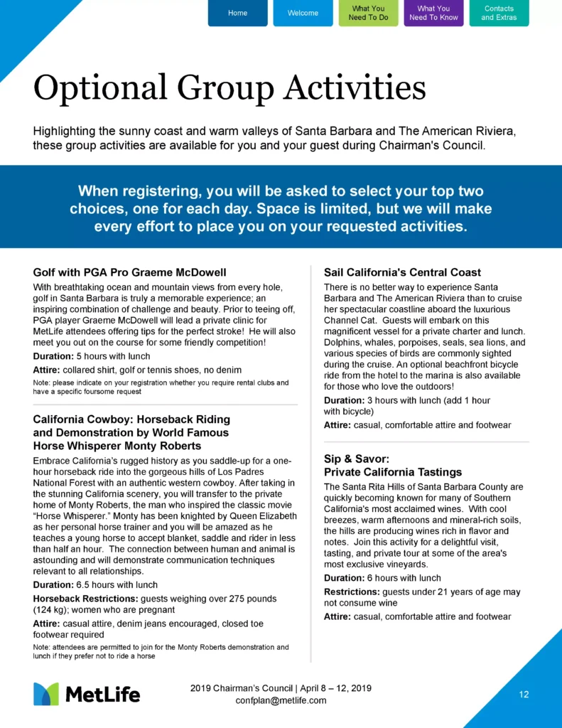 A flyer titled "Optional Group Activities" features sections about golfing with a pro, sailing California's coast, horseback riding demonstrations, and the importance of pre-registering due to limited space. MetLife Graphic Design ensures the flyer vividly showcases attractions in Santa Barbara and The American Riviera.