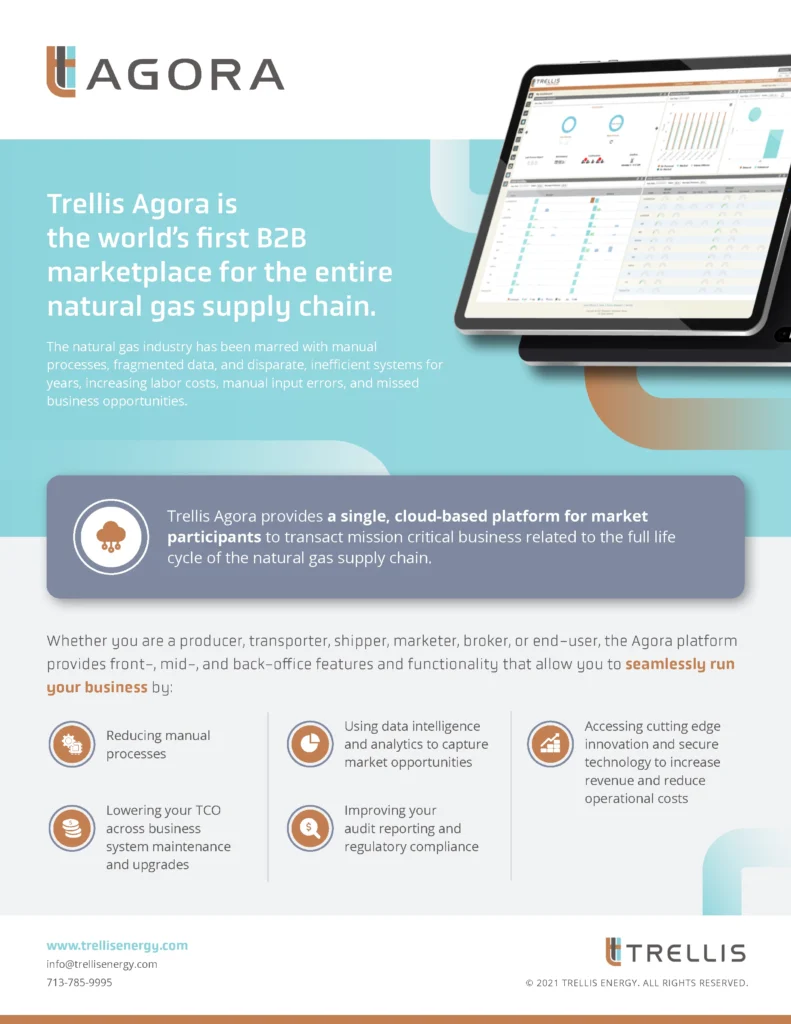 Agora informational flyer titled "Trellis Agora is the world’s first B2B marketplace for the entire natural gas supply chain." It outlines Agora's features, including reducing manual processes, improving data integration, automating compliance and reporting, and offering graphic design services for custom solutions.