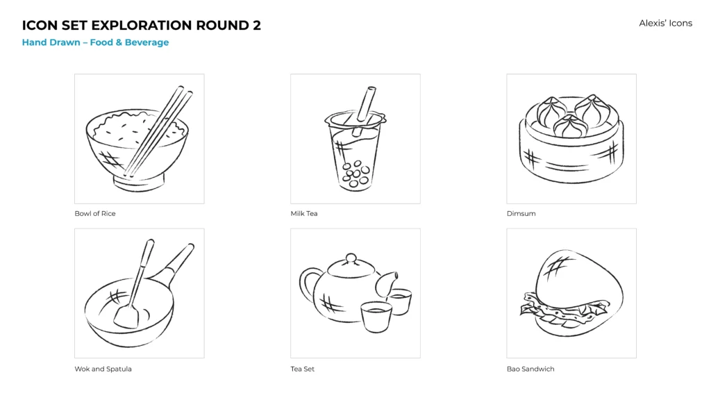 A set of six hand-drawn food and beverage icons labeled "Icon Set Exploration Round 2" in the 'Hand Drawn - Food & Beverage' category. This HP Omen graphic design includes: Bowl of Rice, Milk Tea, Dimsum, Wok and Spatula, Tea Set, and Bao Sandwich. Image also credits "Alexis Icons".