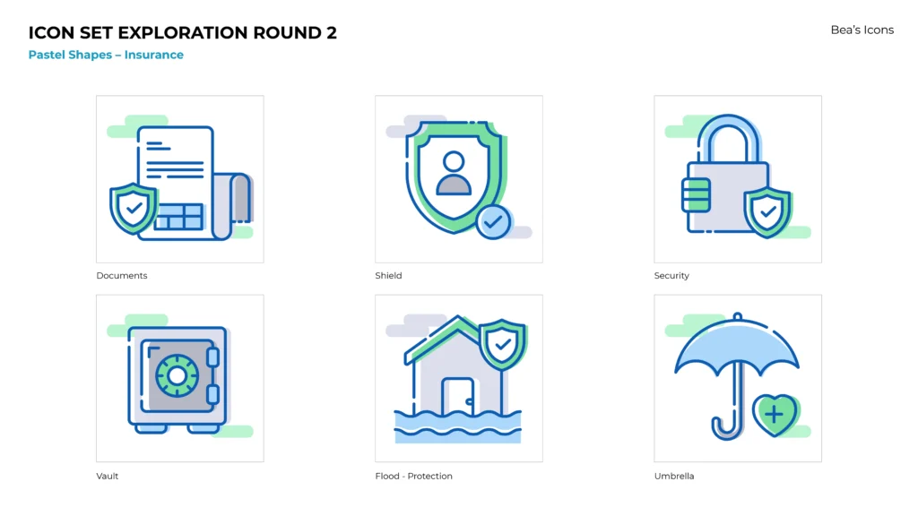 A set of six pastel-colored insurance icons designed with HP Omen graphic design precision. The icons, from left to right and top to bottom, include documents, a shield, a security padlock, a vault, a flood-protected house, and an umbrella with a heart shield. Each icon has a minimalistic style.