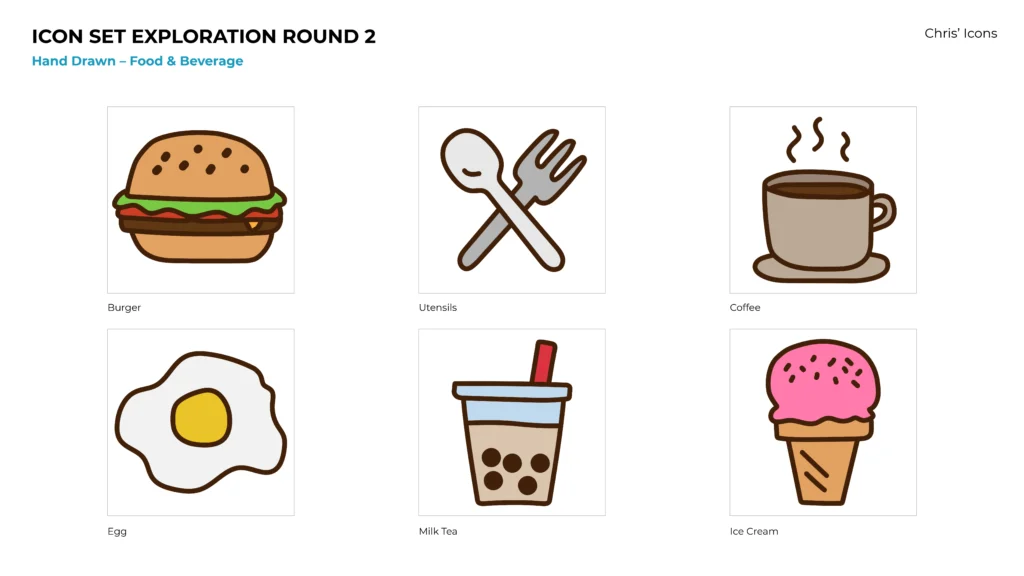 A set of six hand-drawn food and beverage icons labeled as "Icon Set Exploration Round 2." Perfect for HP Omen graphic design projects, the icons include a burger, crossed utensils, a cup of coffee, a fried egg, a cup of milk tea with a straw, and an ice cream cone.