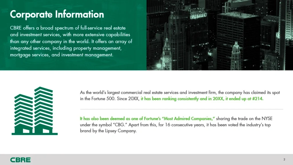 CBRE Corporate Information Slide - Leading Commercial Real Estate Firm Recognition Slide 2