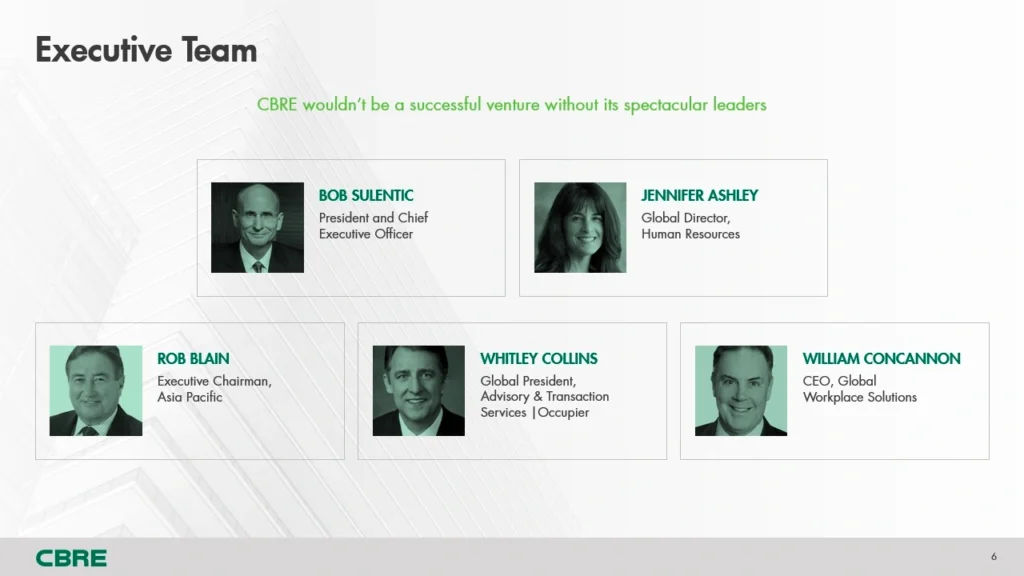 CBRE Executive Team Organizational Chart - Company Leadership Overview Slide 6