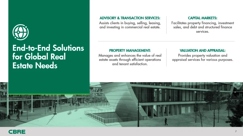CBRE End-to-End Global Real Estate Solutions PowerPoint Slide - Advisory, Capital Markets, Property Management & Valuation Services Slide 7
