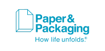 Logo for Paper & Packaging: How Life Unfolds. The design features a blue icon of a piece of paper with a folded corner on the left, followed by the text 