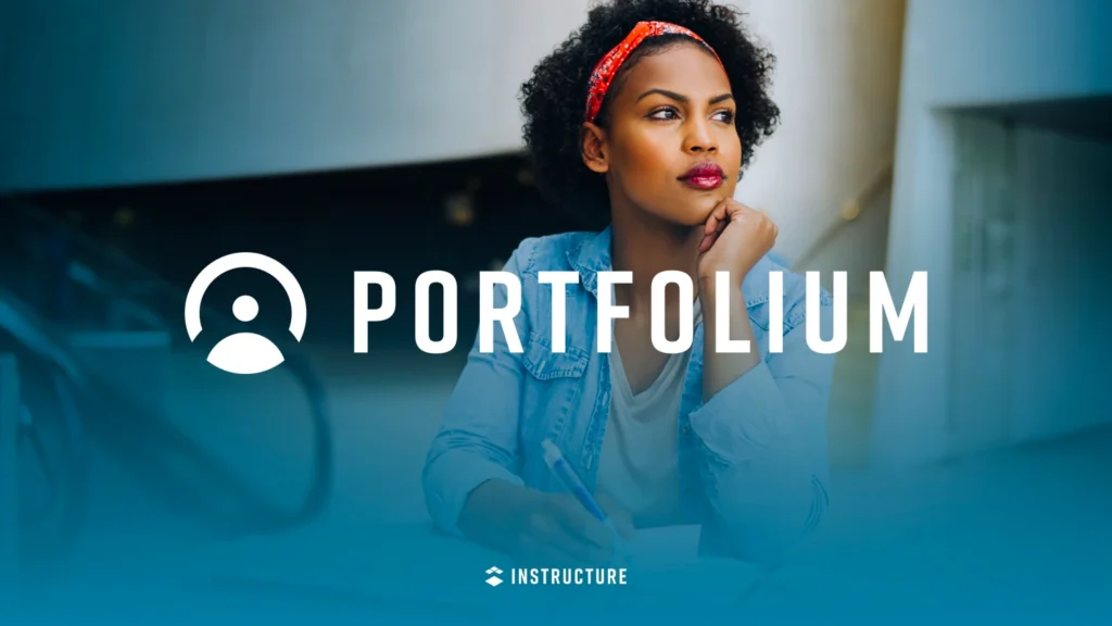 Contemplative Person at Desk with Portfolium and Instructure Logos Title Slide