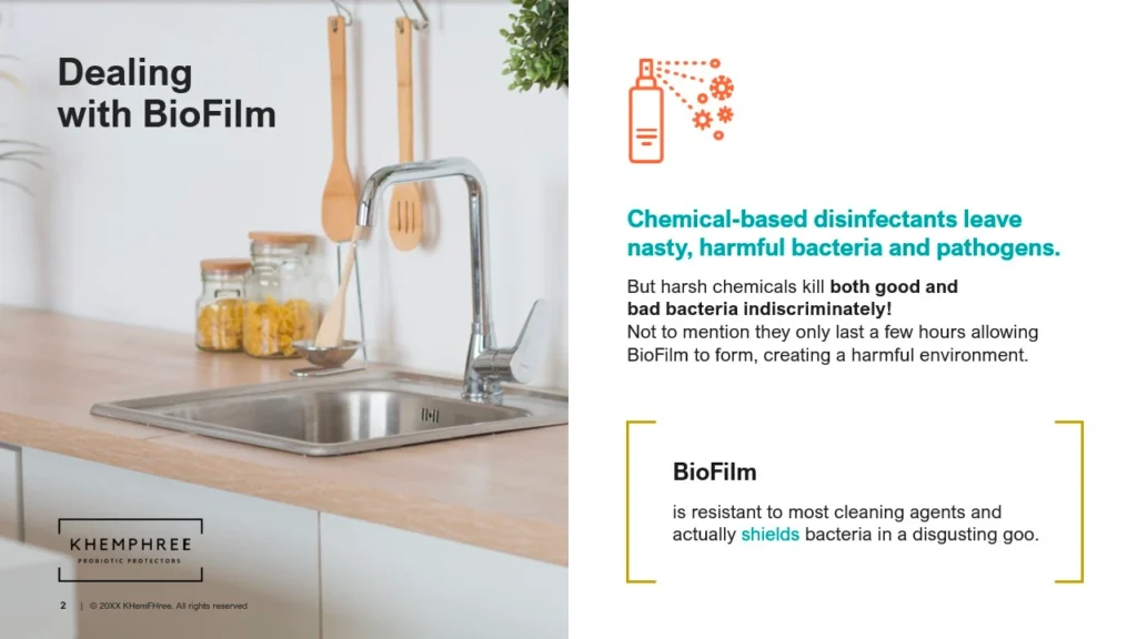 Modern Kitchen Sink Area Discussing Biofilm and Chemical Disinfectant Drawbacks Slide 2