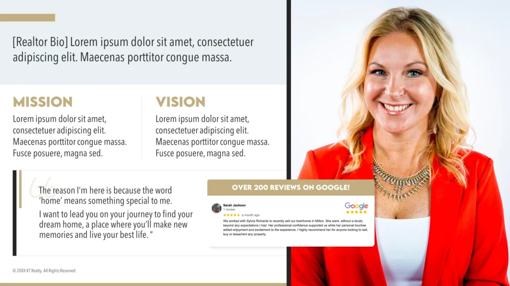 Professional Woman Presenting Mission and Vision for KT Realty Slide 5