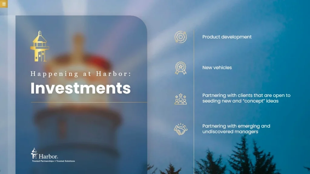 Slide 8 - Harbor Investments Overview with Lighthouse Background and Development Icons for Financial Services Pitch Deck Slide 8