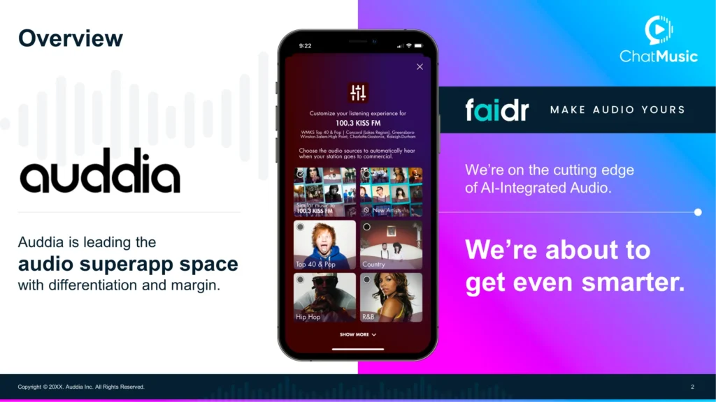 Auddia-Leadership-AI-Audio-Super-App-Faidr-Mobile-Interface Slide 2