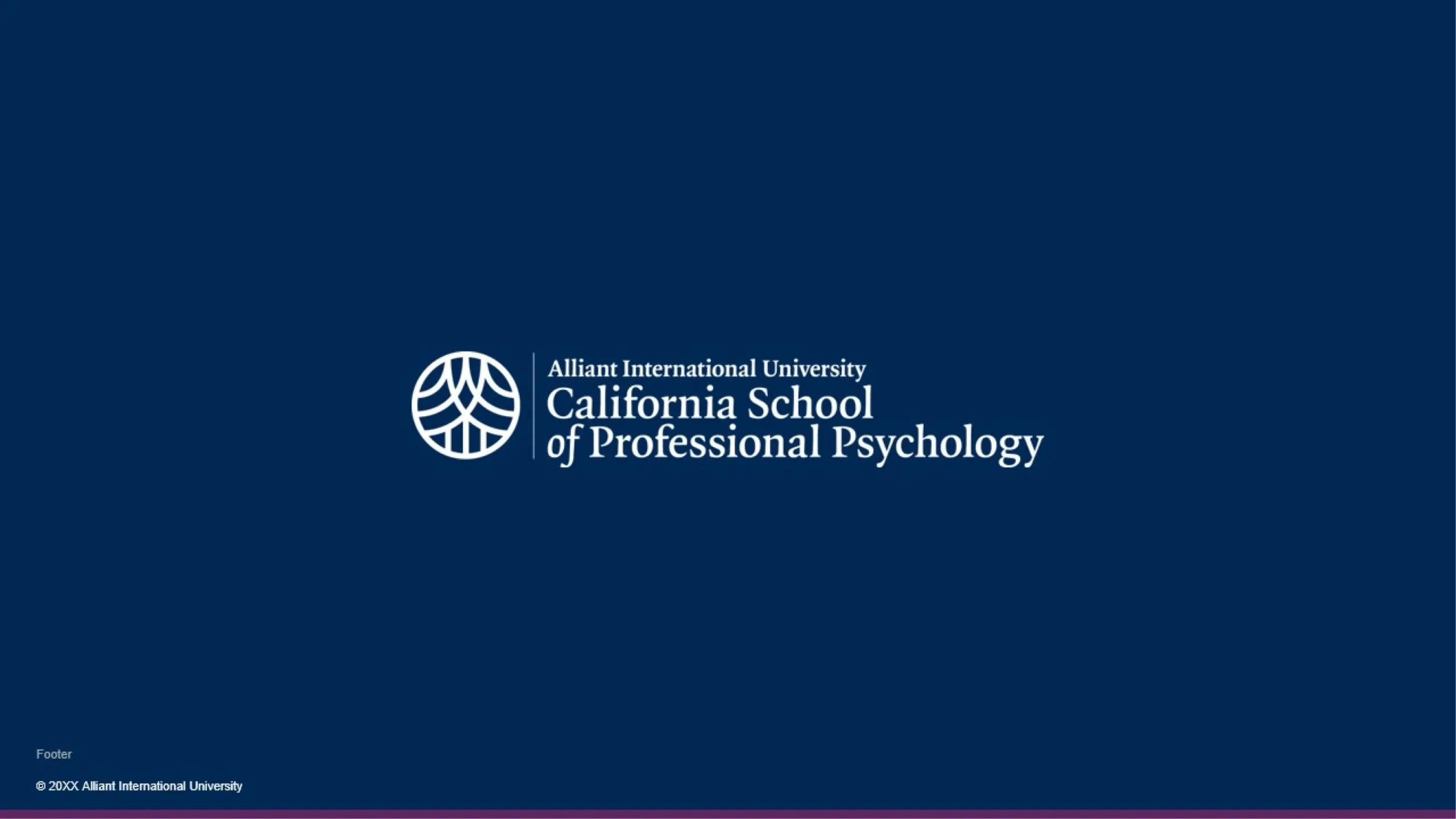 Logo for the California School of Professional Psychology at Alliant International University on a navy blue background, featuring a white circular emblem with a stylized tree and the school’s name in white text to the right of the emblem. Perfect for including in presentation slides or pitch decks.