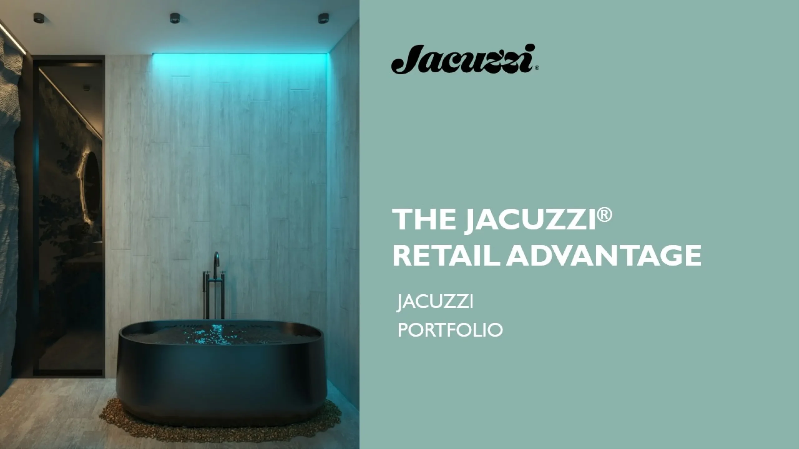 A modern bathroom featuring a freestanding black bathtub under blue ambient lighting is shown on the left. The right side has a light green background with the text: 