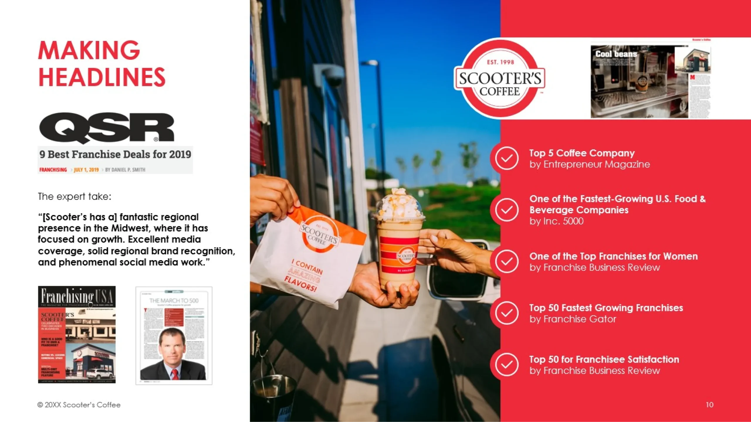 A promotional pitch deck for Scooter's Coffee featuring accolades from QSR magazine, a hands exchange of drinks and a pastry at a drive-thru, and specific recognitions for top coffee and fast-growing chains with a background of a sunny outdoor setting.