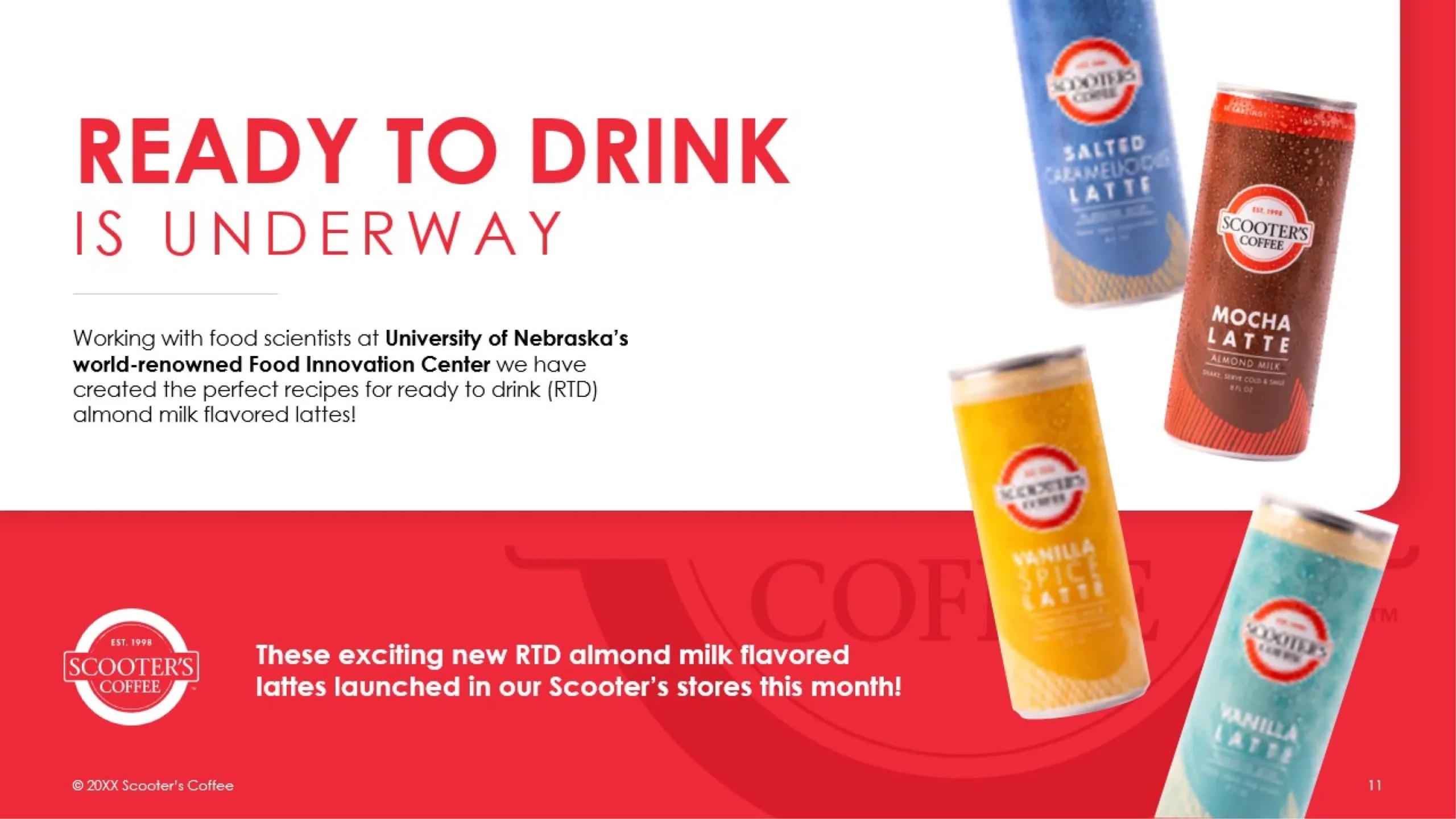 Discover three delicious ready-to-drink lattes from Scooter's Coffee: Salted Caramel in a blue can, Mocha in a brown can, and Vanilla in a yellow can. The headline reads, 