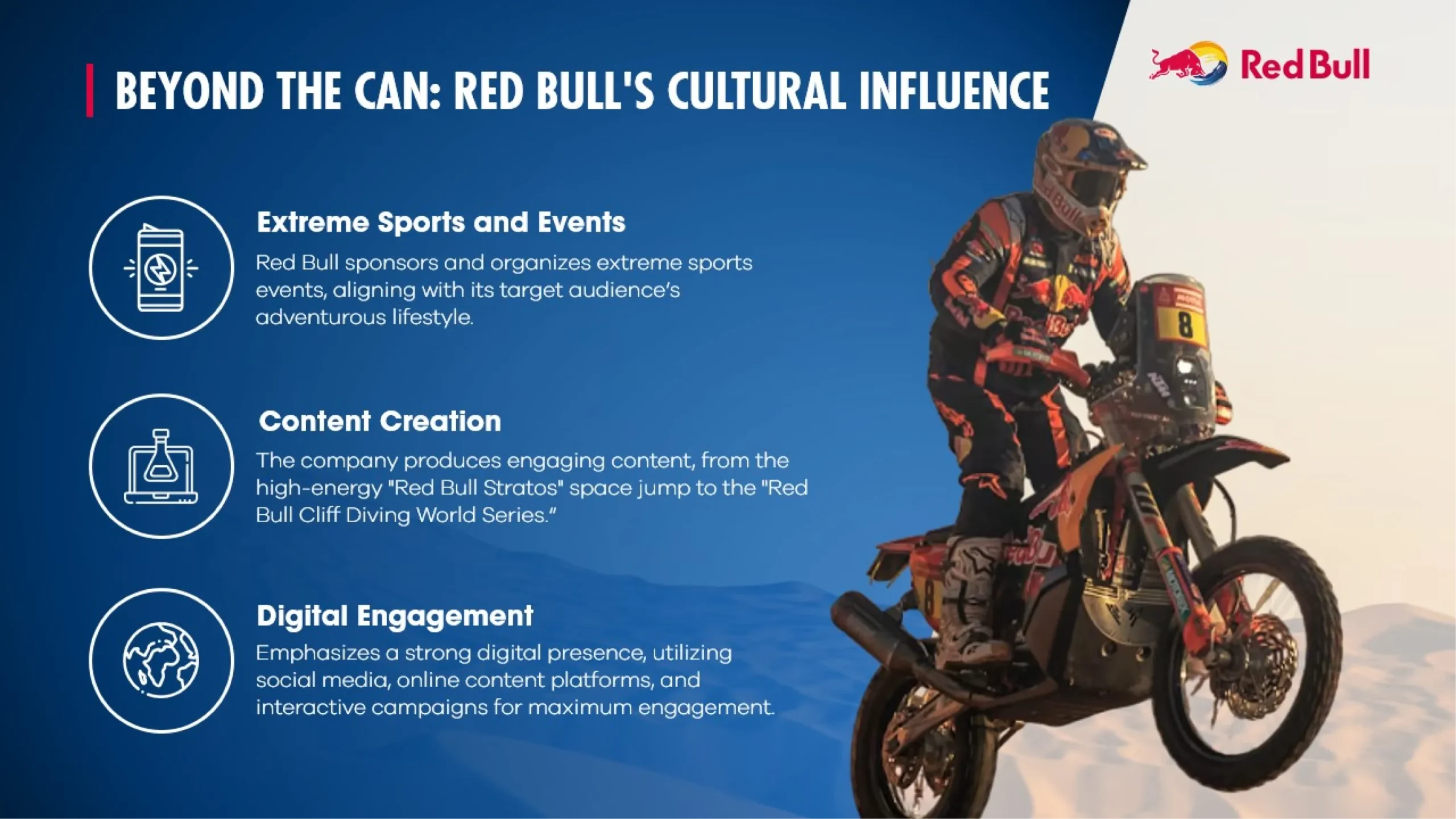 A promotional slide highlighting Red Bull's influence on extreme sports and culture. It features a motocross rider with text detailing Red Bull's sponsorship of sports events, content creation, and digital engagement strategies.