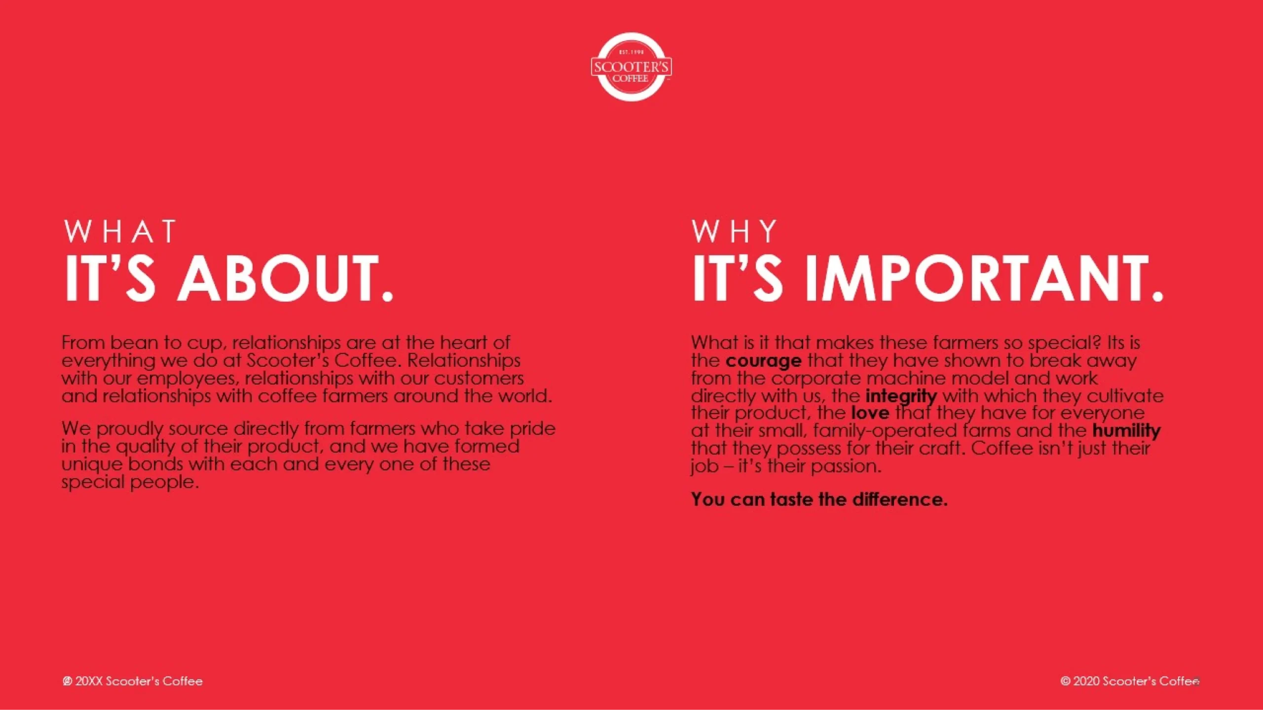 A red slide template with white text, divided into two sections. The left section is titled 