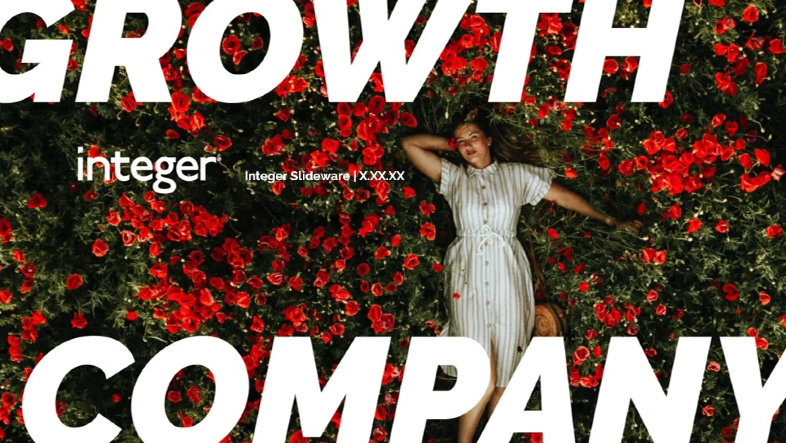 A woman in a white dress is lying in a field of vibrant red flowers. The words 