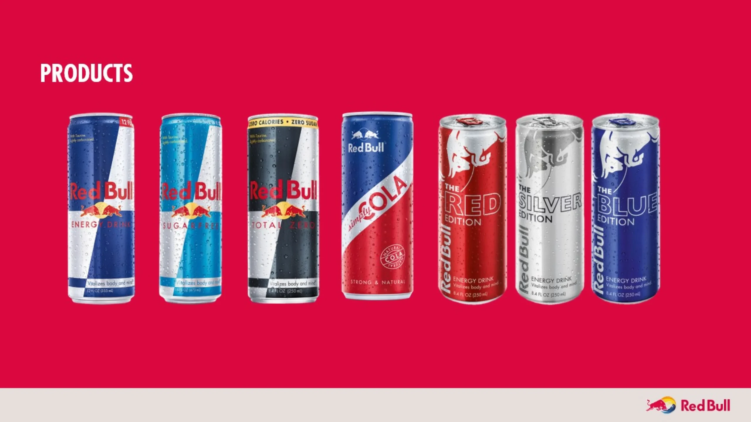 A lineup of seven different Red Bull beverage cans on a red background is perfect for your PowerPoint pitch deck. Varieties include Red Bull Energy Drink, Sugarfree, Total Zero, Cola, Red Edition, Silver Edition, and Blue Edition. The word 