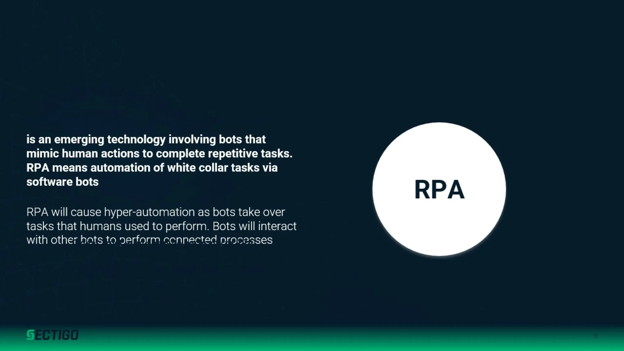 RPA is an emerging technology involving bots that mimic human actions to complete repetitive tasks. RPA means automation of white-collar tasks via software bots. Incorporating RPA into your PowerPoint pitch deck will showcase how hyper-automation allows bots to take over tasks humans used to perform.