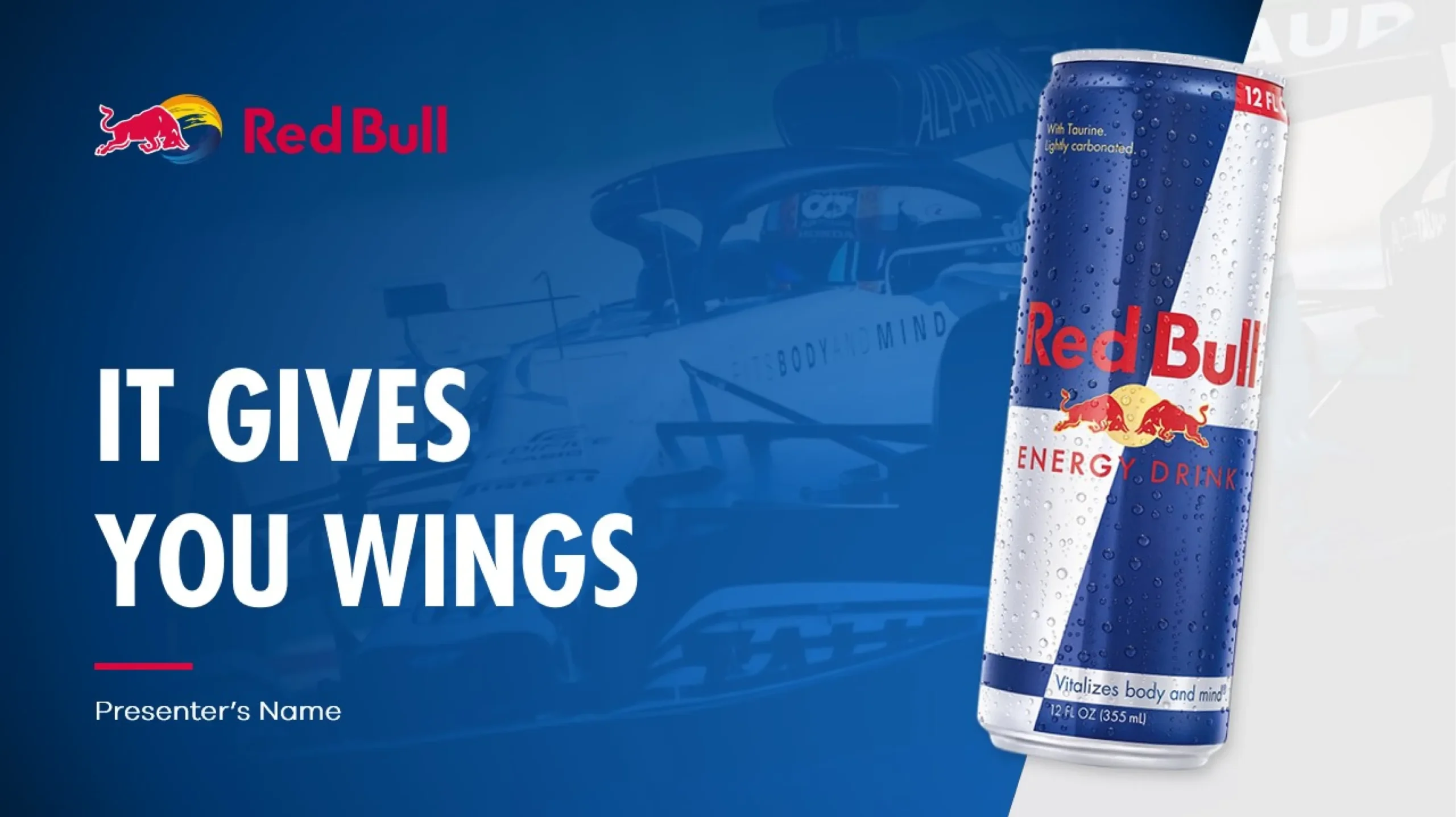 A Red Bull energy drink can is positioned on the right side against a blue background featuring a race car. The text on the left reads 