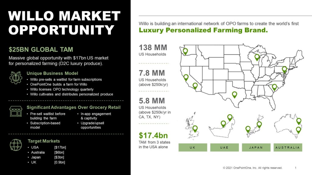 An TAM slide titled "Willo Market Opportunity" serves as the TAM slide in a pitch deck, detailing a $25B global market for luxury personalized farming. It highlights key features and target markets, with a U.S. map showing potential user volumes and an international focus on the UK, UAE, and Japan.