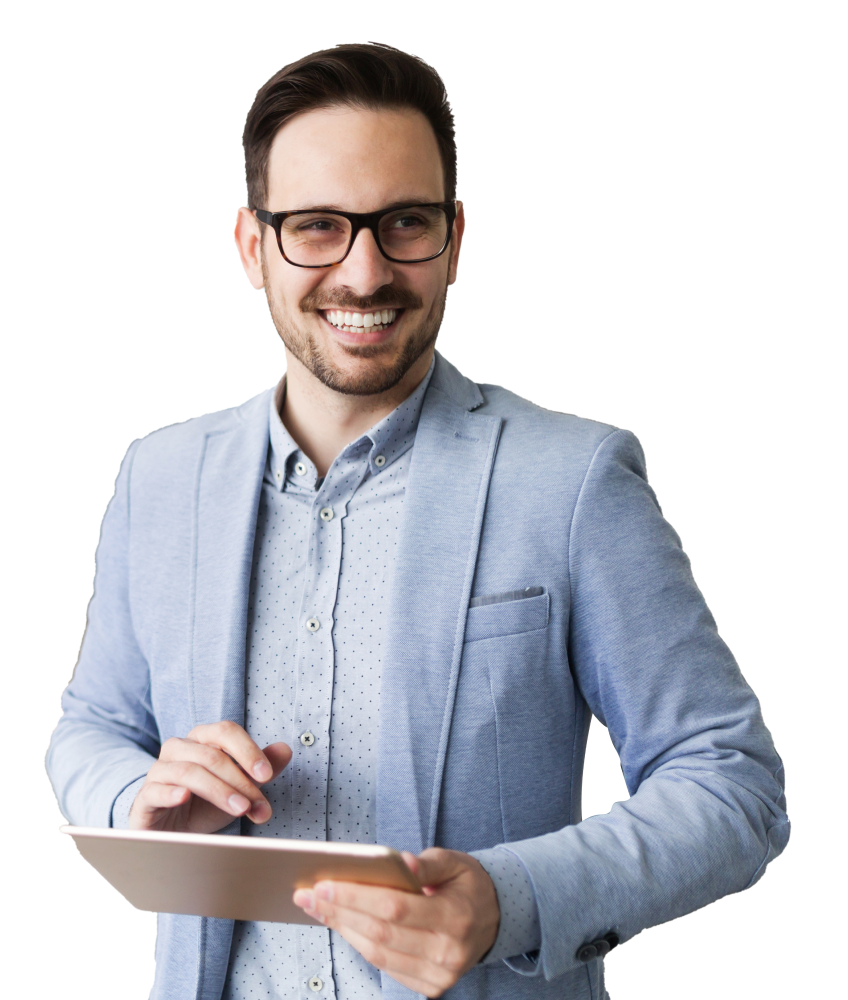 A smiling man wearing glasses, a light blue blazer, and a dotted shirt is holding a tablet in his left hand and tapping on it with his right. With dark hair and a short beard, he embodies the confidence of sales presentations experts. The background is transparent.