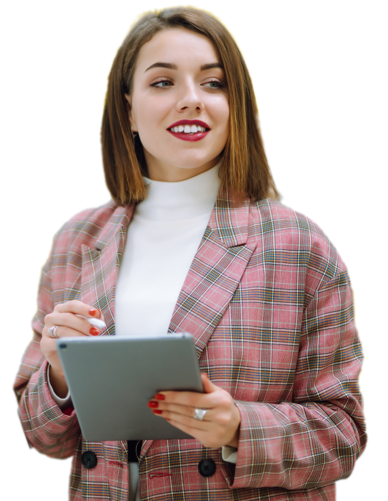 A woman with shoulder-length brown hair, wearing a white turtleneck and a red plaid blazer, is holding a tablet and appears to be smiling while looking off to the side. With red-painted nails, she stands against a plain background, embodying the confident demeanor of sales presentations experts.