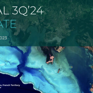 A satellite image by Planet Labs shows the New Caledonia Coral Reef with vibrant blue and green waters. Above the image, text reads, “Fiscal 3Q’24 Update,” dated December 7, 2023, with a circular logo on the top right. Image credit is given at the bottom left.