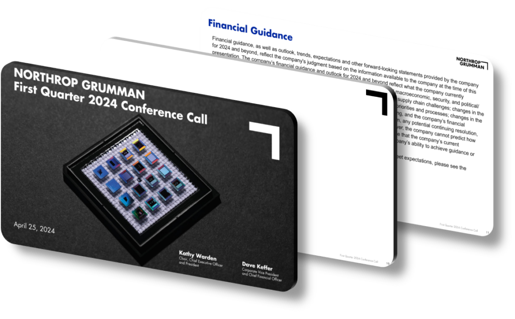 Stacked conference call invitation cards for Northrop Grumman's First Quarter 2024 event on April 25, featuring company logo, speaker details (Kathy Warden, Dave Keffer), and financial guidance notes in the background.