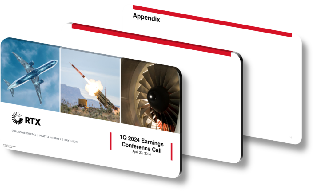 A presentation slide titled "1Q 2024 Earnings Conference Call" dated April 23, 2024, with images of an aircraft, a missile launch, and a jet engine. The slide includes the logos of RTX, Collins Aerospace, Pratt & Whitney, and Raytheon.