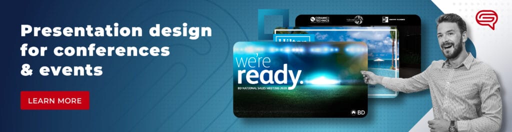 A man gestures toward digital presentation slides with the text "Presentation design for conferences, events, and Legal Pitch Decks." A red button says "Learn More." Slides show conference visuals with "we're ready" text.
