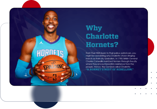 A basketball player in a Charlotte Hornets jersey holds a ball, smiling. The backdrop showcases text detailing the historical origin of Charlotte's team's name, linked to General Charles Cornwallis and the Revolutionary War phrase "A Hornet's Nest of Rebellion.