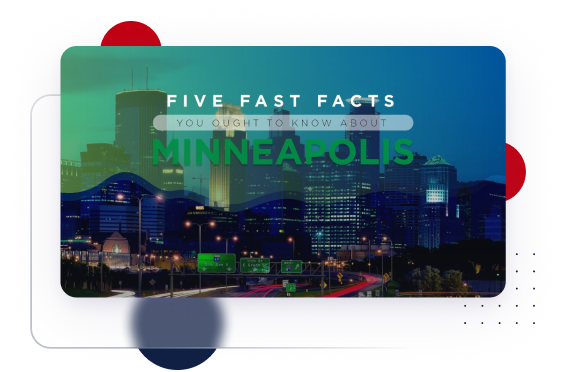 Text reads: "Five Fast Facts You Ought to Know About Minneapolis" over an evening cityscape with lit buildings and a highway in the foreground. The design features a vibrant color scheme of blue, green, and red elements, perfect for an engaging PowerPoint presentation.