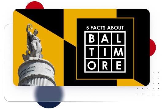 Graphic design featuring the text "5 Facts About Baltimore" on a sleek black and yellow background. A statue of a historical figure stands to the left, offering a striking visual element reminiscent of an engaging PowerPoint slide.