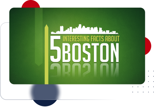 Green image with the white silhouette of Boston's skyline and large text reading "5 Interesting Facts About Boston." The prominent number "5" stands out against a PowerPoint-style design, enhanced by red and blue abstract shapes in the background.